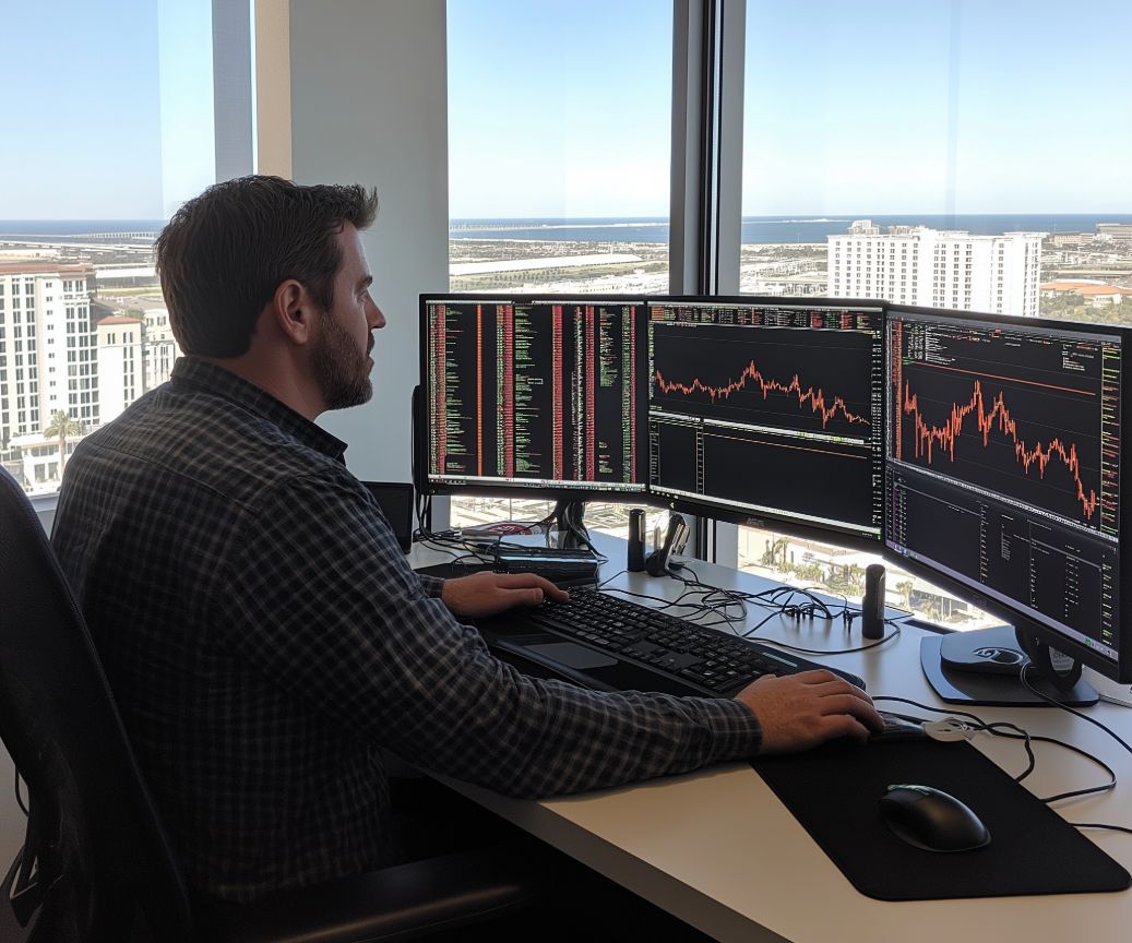 Picture of a trader working on three screens.